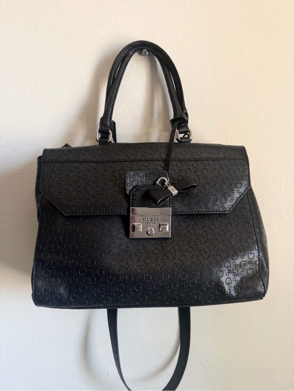 Guess Black Embossed Logo Satchel with Silver Lock